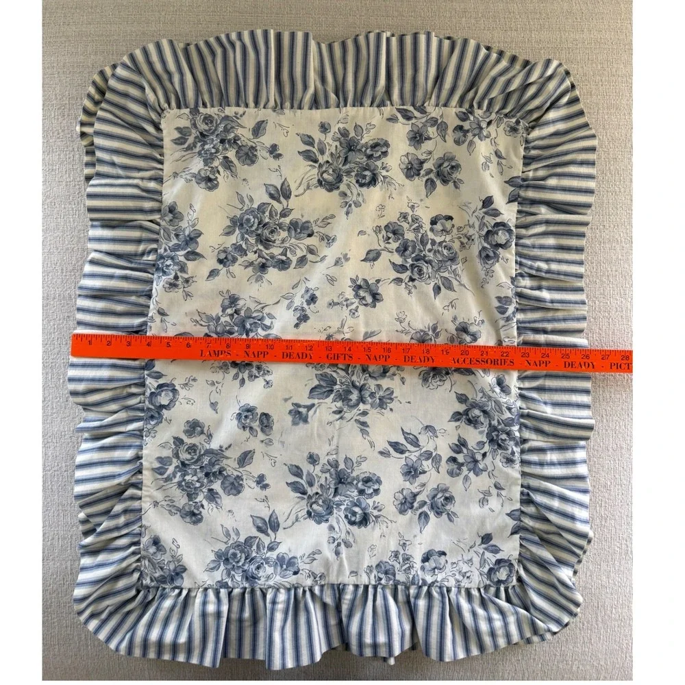 Set of 2 CROWN CRAFT PILLOW SHAMS STANDARD WHITE & BLUE Floral Stripes Ruffle